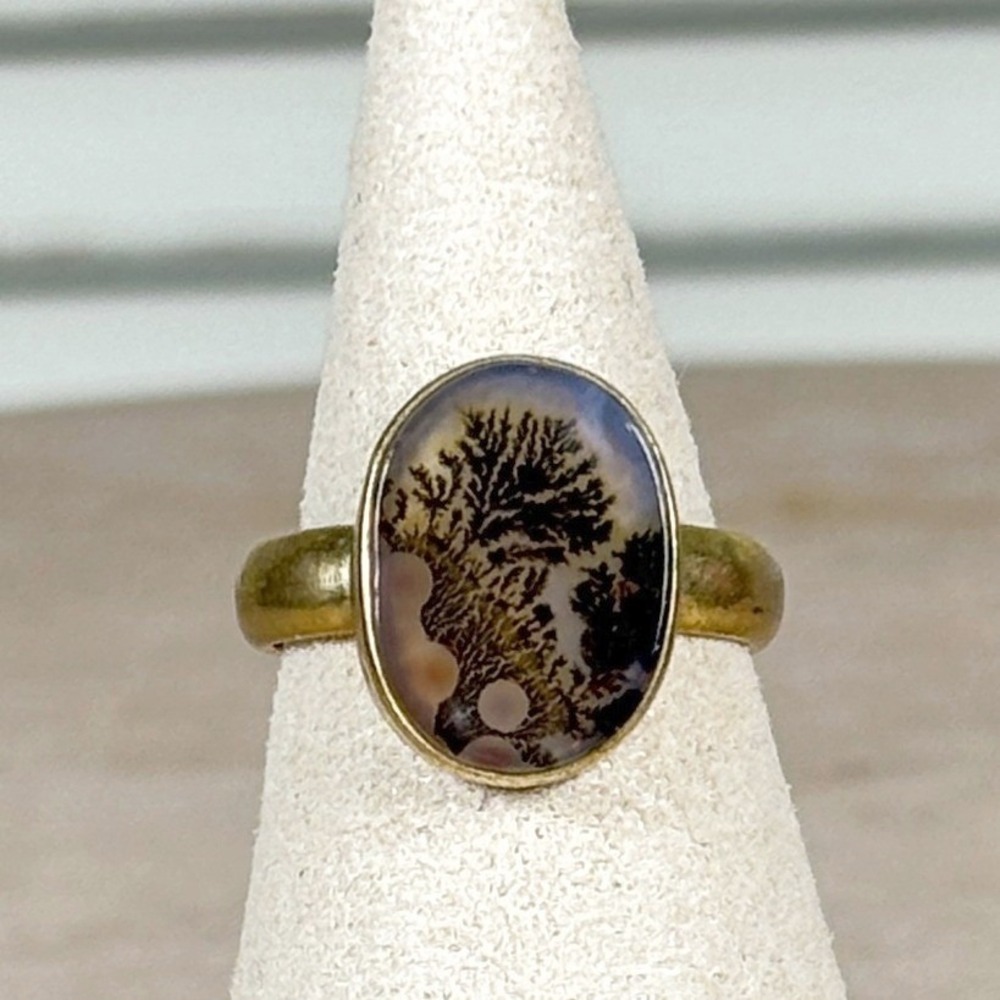 Boho Gold Dendritic Agate Ring Scenic Landscape Brass Band Vintage Statement